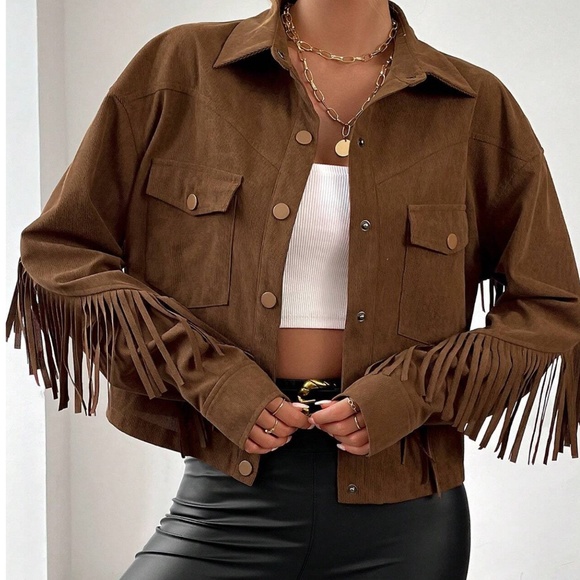 Jackets & Blazers - Womens Boho Faux Suede Ribbed Brown Fringed Jacket Sz large